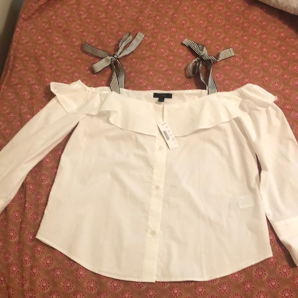 NWT J Crew off shoulder white blouse navy ribbon
